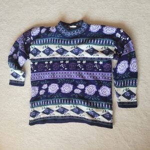 Vintage Granny-Chic Purple Floral Sweater - Women's Large